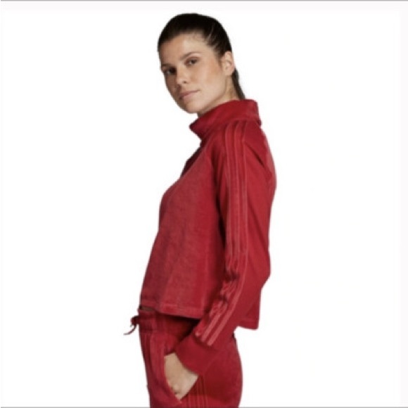 Adidas Red Mock Neck Turtleneck Velour Striped Arms - Picture 4 of 11